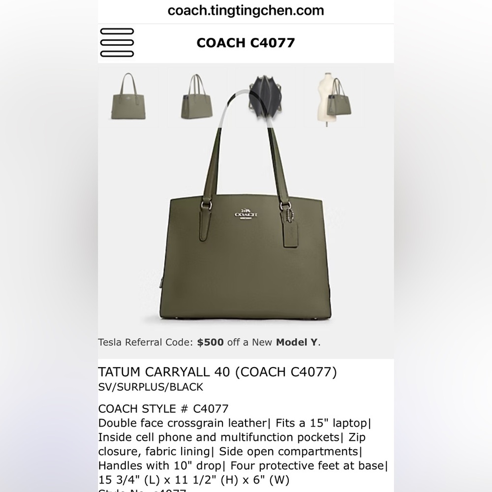 Coach Tatum Carryall 40 in Olive
